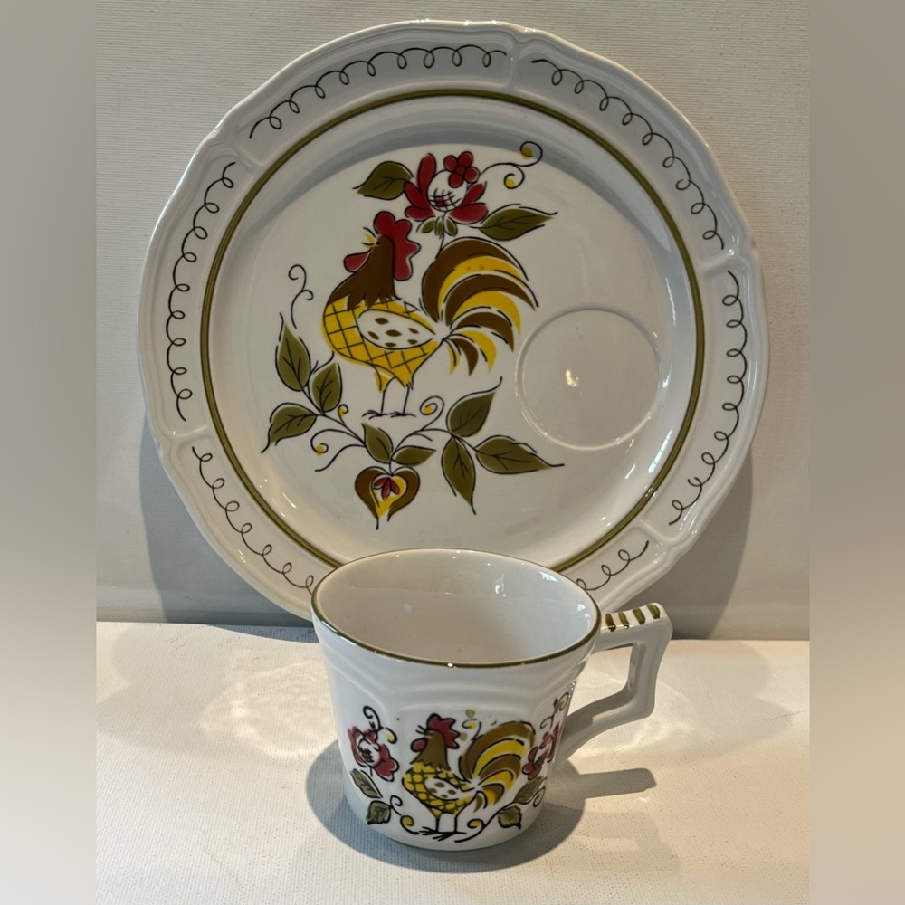 VINTAGE JONAS ROBERTS TERRA STONE ROOSTER SNACK PLATE & CUP JAPAN - SET OF 2
